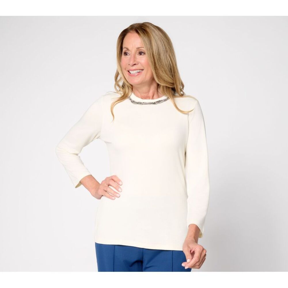 nicole by Nicole Miller Women's Top Sz S Luxe Modal Beaded Neck White A728786
